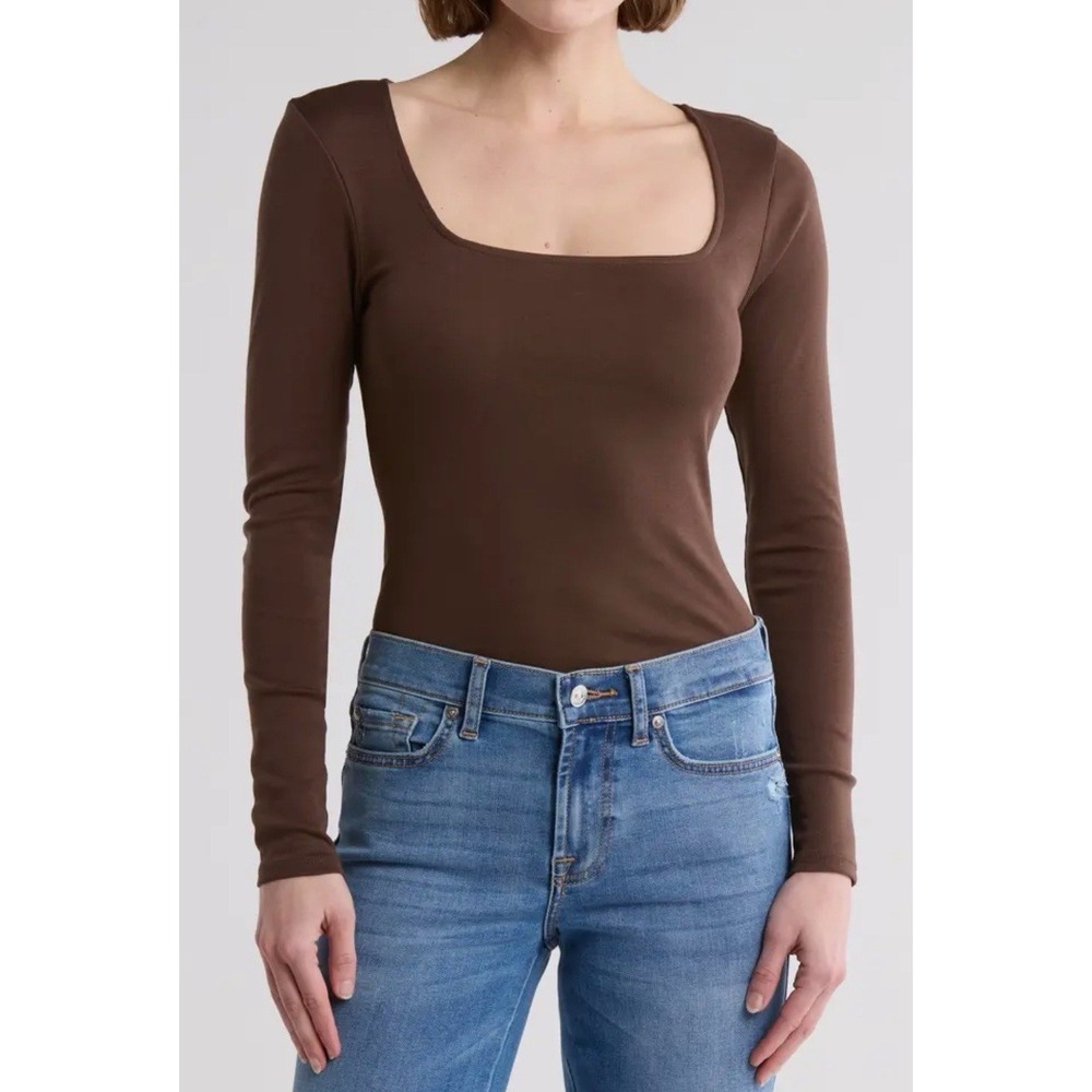 7 For All Mankind 7 for all mankind Long Sleeve Square Neck Top In Hot Fudge XS